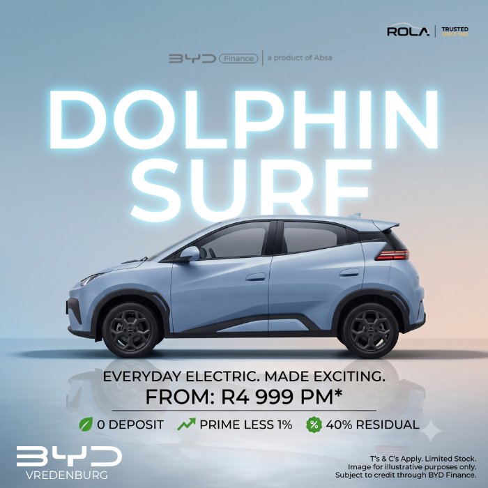Light blue BYD Dolphin Surf electric hatchback on a clean studio background promoting finance from R4,999 per month with 0% deposit, Prime less 1%, and 40% residual. Available from Rola BYD Vredenburg.