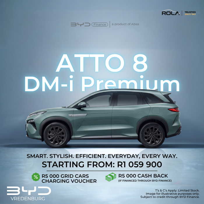 Green BYD ATTO 8 DM-i Premium plug-in hybrid SUV on a clean studio background, highlighting pricing from R1,059,900, a R5,000 GridCars charging voucher, and R5,000 cash back through BYD Finance. Available at Rola BYD Vredenburg.