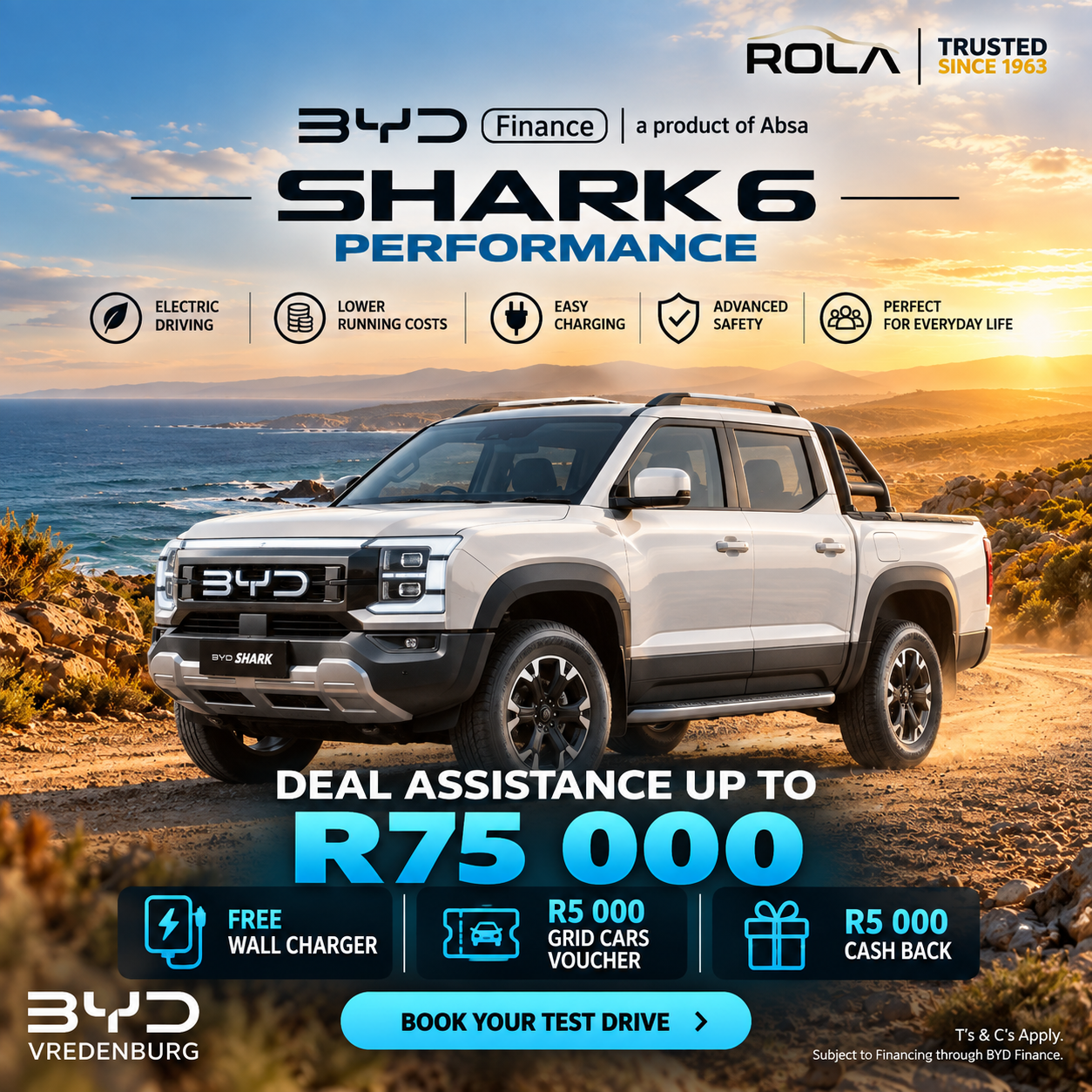 BYD Shark 6 Performance South Africa in white, featuring a powerful PHEV bakkie design for coastal adventures. BYD Shark 6 Performance deals include up to R75,000 deal assistance, free wall charger, R5,000 Grid Cars voucher and R5,000 cashback at BYD Vredenburg. BYD Finance available. T’s & C’s Apply.