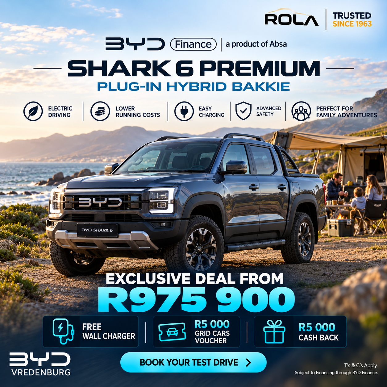 BYD Shark 6 Premium plug-in hybrid AWD bakkie at a family camping destination in South Africa, advertised by BYD Vredenburg.